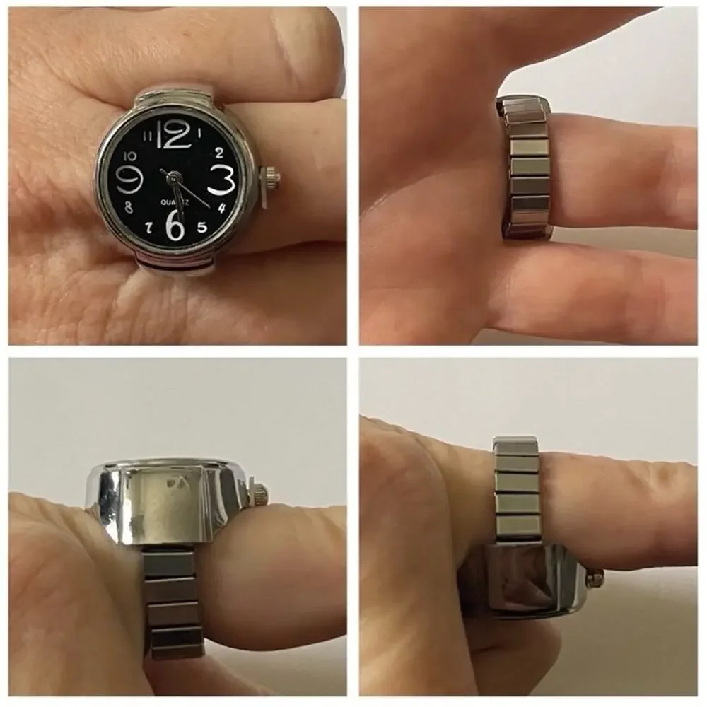 Retro Silver with Pink Stainless Steel Stretch Band Quartz Movement Ring Watch